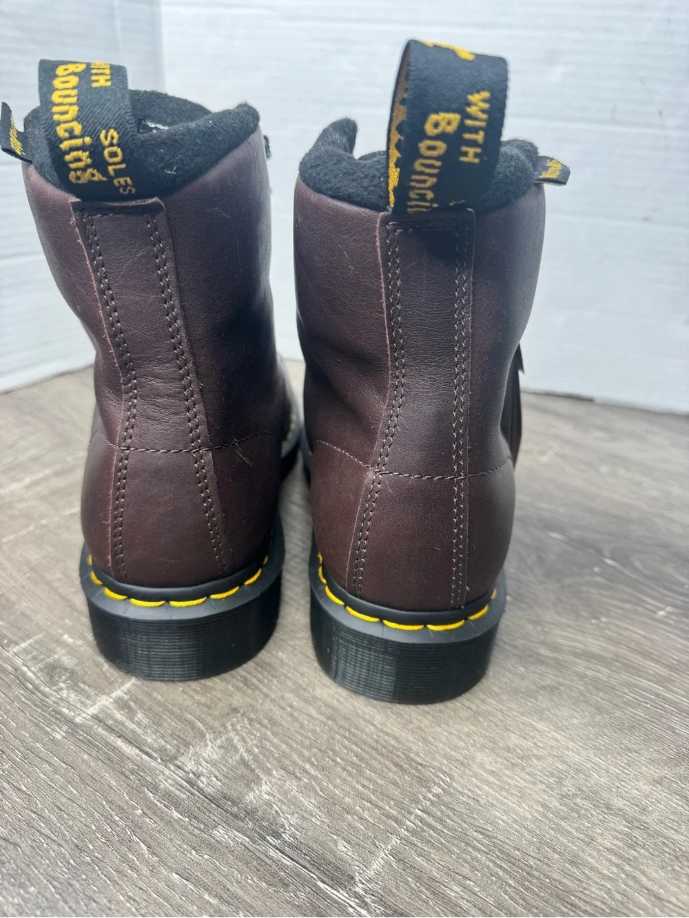 Dr. Martens Men’s Oxblood Leather 6-Eye Lace-Up Boots with Yellow Stitching